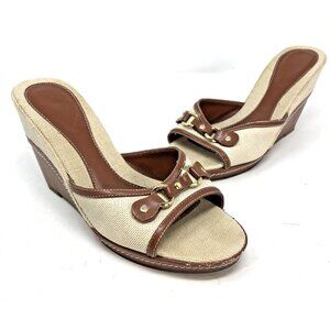 Avon Sandals Womens 8 Ivory Hemp Brown Leather High Wedge Heel Peep Toe Buckle